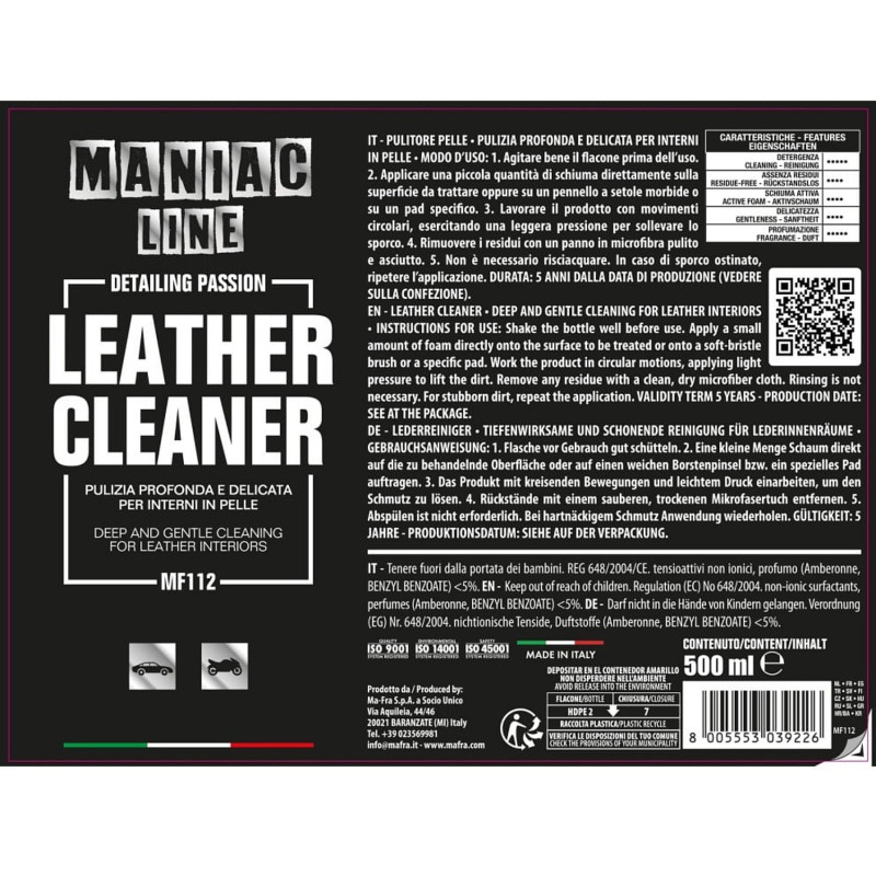 Пенный очиститель кожи салона Ma-Fra Maniac Line Leather Cleaner, 500 мл